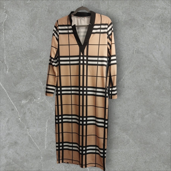 Vintage Print Pencil Dresses NWOT Long Sleeve V Neck Knee Length Large No Belt - Picture 4 of 8